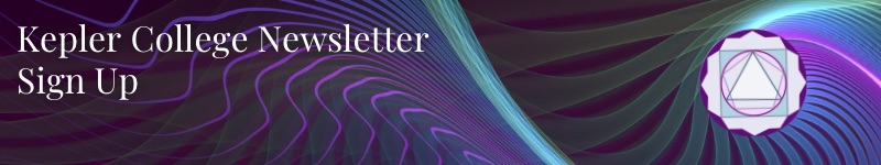 Kepler College Newsletter Sign Up, Kepler College logo on blue and purple wavy, glowing fractal pattern